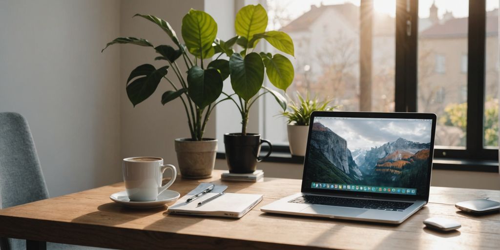 Home office with laptop and coffee