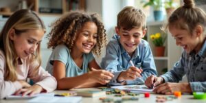 Family doing educational activities at home