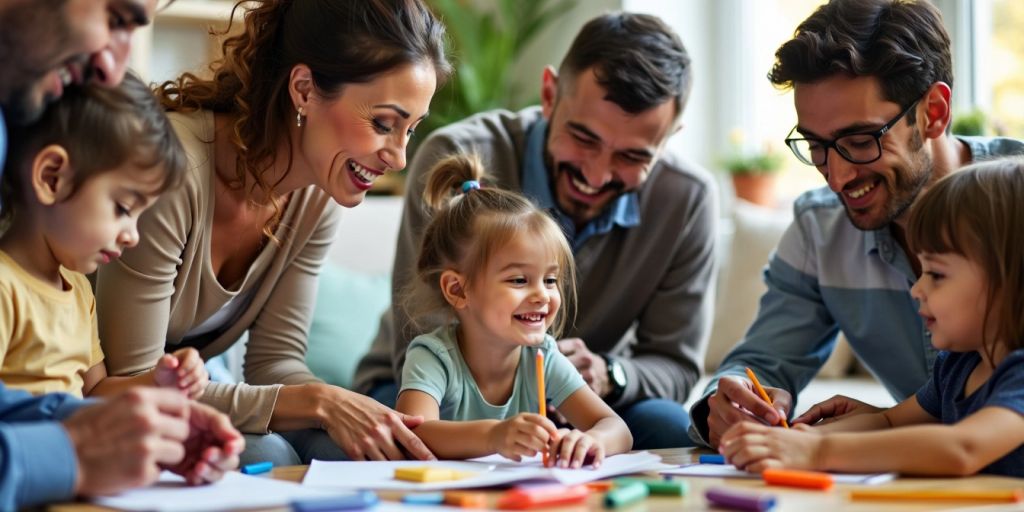 Parents engaging with children in various activities.