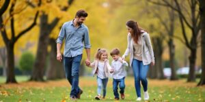 Parents guiding children in a park