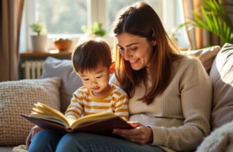 Parent and child reading together in a cozy room.