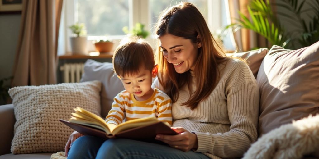 Parent and child reading together in a cozy room.