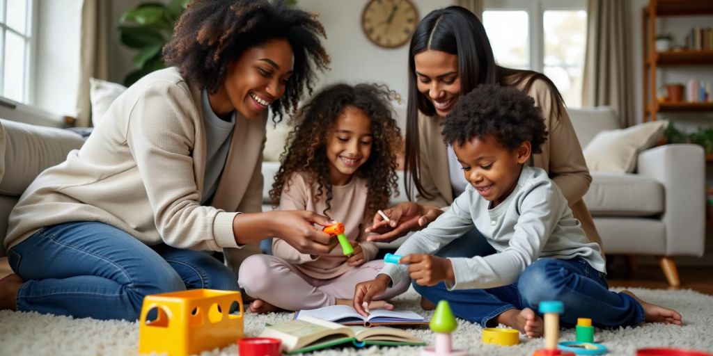 Happy family playing together in living room.