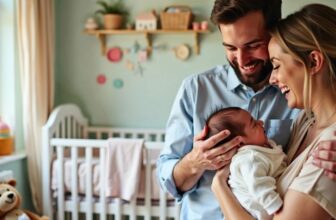 Happy parents with newborn in cozy nursery.
