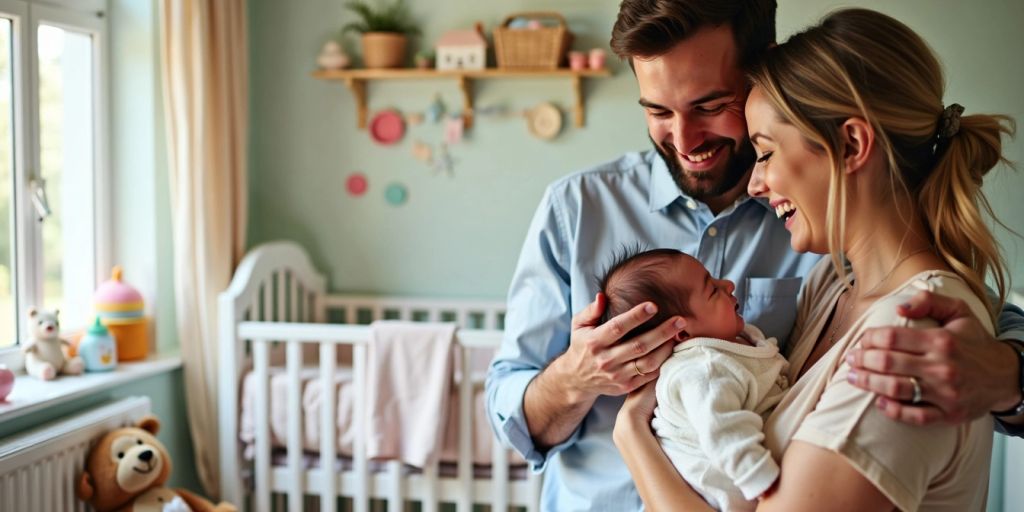 Happy parents with newborn in cozy nursery.