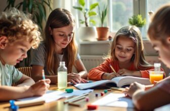 Children doing educational activities at home