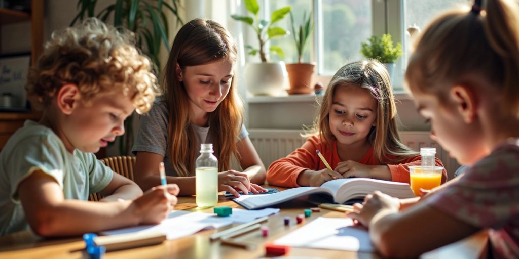 Children doing educational activities at home