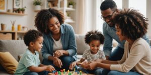 Parents bonding with children in a home setting