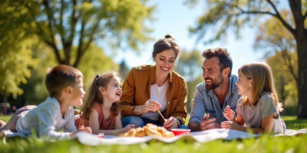 Happy family having a picnic in the park.