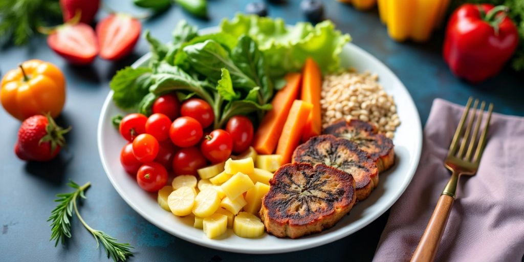 Colorful plate of healthy foods.